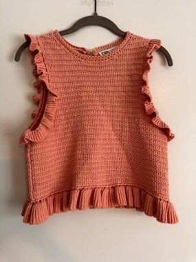 Zara Cropped Knit Ruffle Tank - Peach Pink